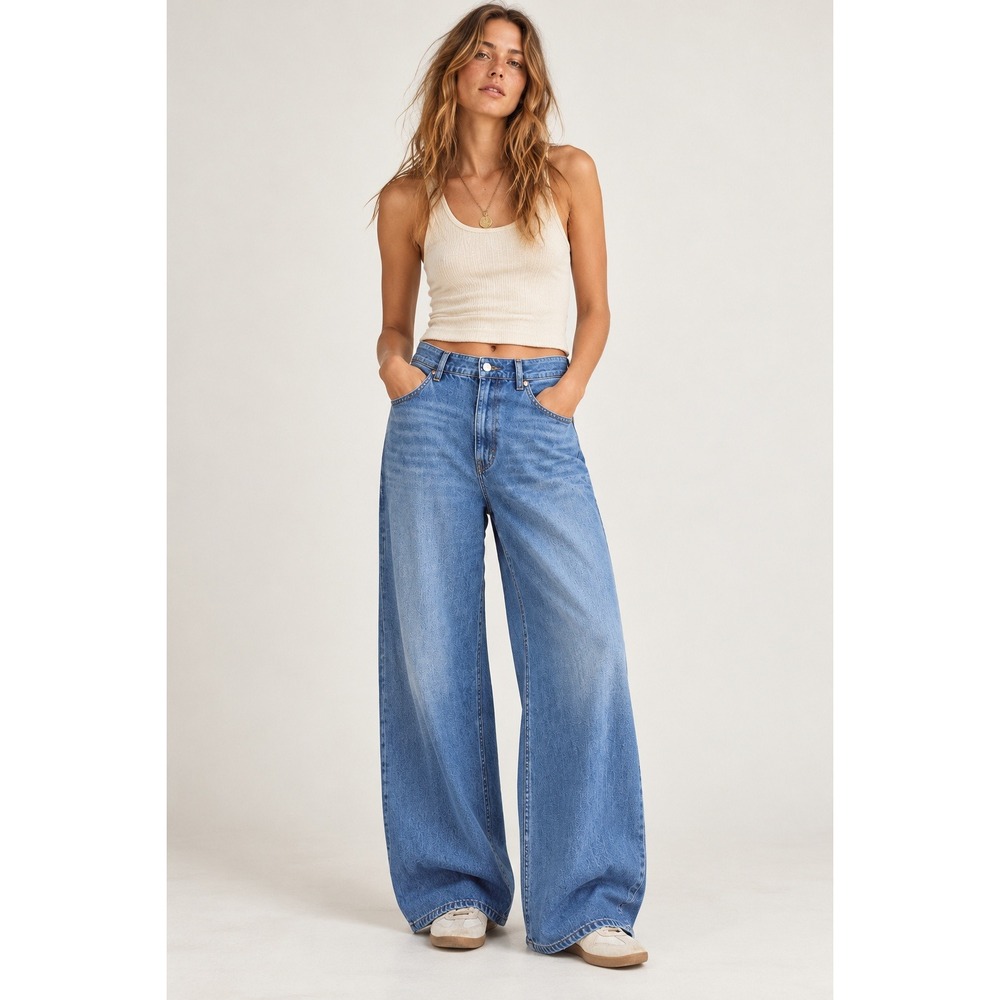 We The Free People Old West Wide Leg Jeans Blue Denim Medium Wash- Size 35